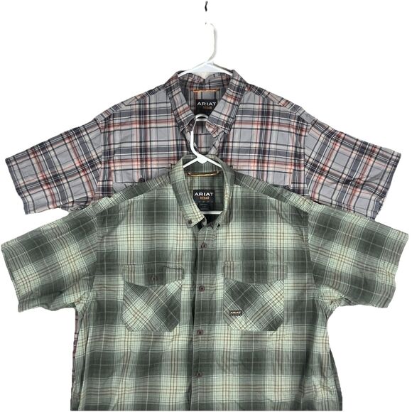 Lot Of 2 Ariat Shirt Men Large Gray Plaid Rebar Work Wear Short Sleeve Button Up